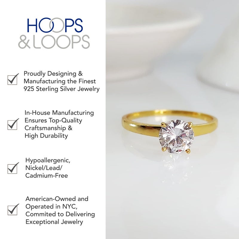 Hoops & Loops Yellow Gold Flashed 925 Sterling Silver 1.0ct Round Brilliant Cut Cubic Zirconia Solitaire Engagement Bridal Wedding Statement Band Ring for Women, Size 5 - Image 3